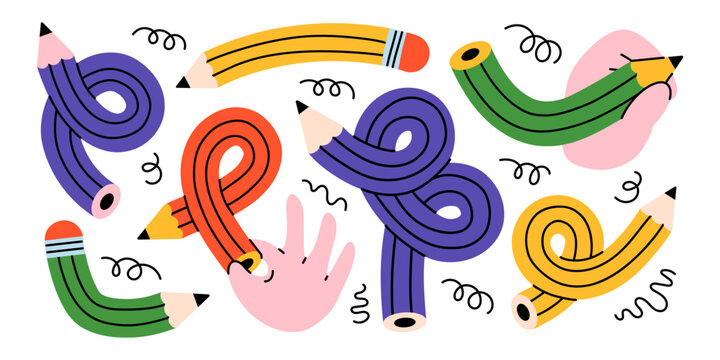 Vector set of colorful curved flexible twisted pencils and hands. Funny bendy stationery with hand drawing swirl scribble. Creative school art design. Back to school kids childish collection.