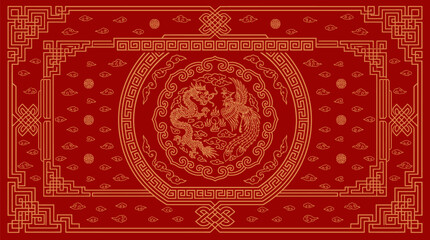 Fototapeta premium Chinese New Year Red Gold Dragon Phoenix Border Illustration
