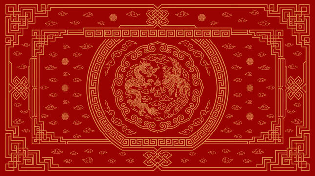 Chinese New Year Red Gold Dragon Phoenix Border Illustration