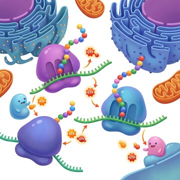 Educational Illustration of Eukaryotic Protein Synthesis and Cellular Organelle Functions with ATP and GTP Energy Molecules
