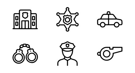 Police Icons Set: Law Enforcement Symbols, Justice, Security, Authority, Officer, Car, Badge, Whistle, Handcuffs, Building © RAFI