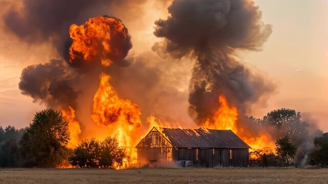 Wooden barn engulfed in massive fire with thick black smoke. Intense flames destroying farm building during sunset. Static wide shot.