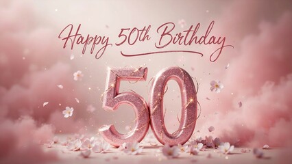 Fototapeta premium Happy 50th Birthday Pink Glitter Number with Soft Clouds