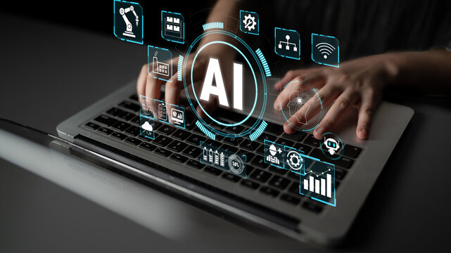 Hands Typing on Laptop with Digital AI Icons Displayed Above the Keyboard Representing Technology, Automation, and Innovation in Modern Era Quark.