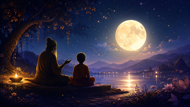 Guru purnima hindu religious festival greeting with guru teaching child beside glowing full moon lake lotus flowers and peaceful night mountains background