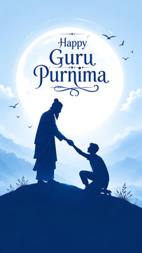 Guru purnima hindu religious festival greeting with teacher helping young disciple under full moon blue sky birds and peaceful mountain landscape background
