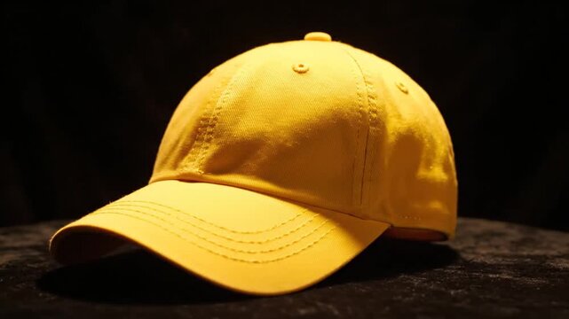Bright yellow baseball cap spotlighted on dark