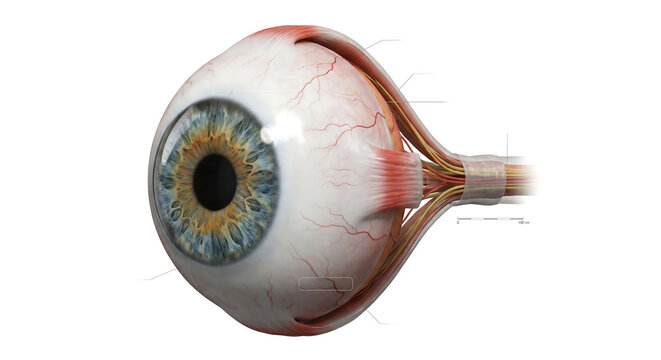 Anatomical illustration of human eye posterior dissection with optic nerve and muscles.