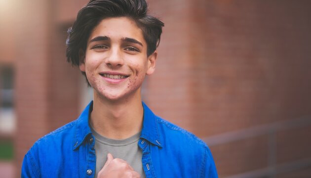 Cheerful young man with dimples smiling confidently in a bright outdoor portrait shot against a blurred brick background for commercial advertising.