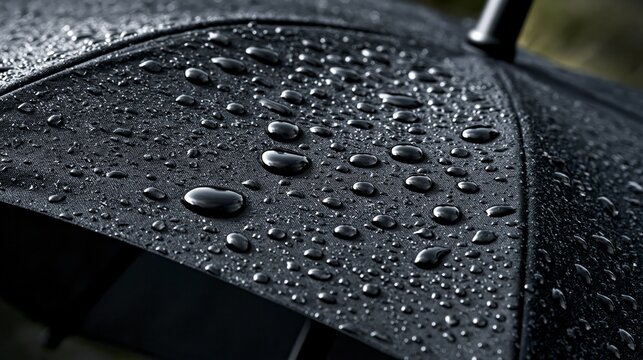 Raindrops fall on a black umbrella. It shows it's bad weather and there's room to add something.
