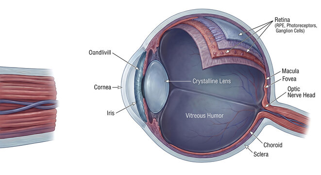 Anatomical illustration of human eye internal structures with optic nerve.