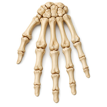 Human hand skeletal structure isolated on white showing carpals metacarpals phalanges.