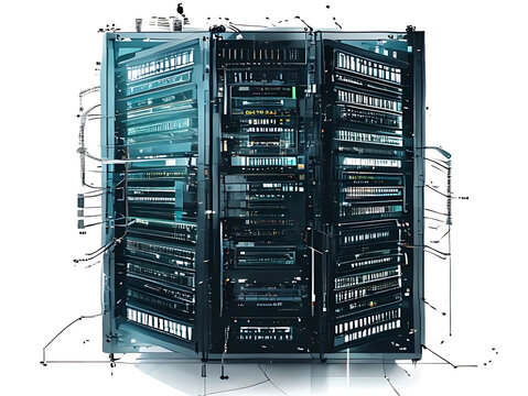 Industrial server rack with network switches and cables.