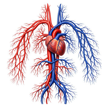 Human heart and circulatory system with major arteries and veins in detail.