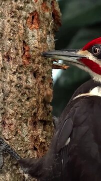 Extreme close-up of a pileated woodpecker drilling into a tree trunk