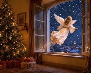 Naklejka premium Das Christkind verlässt durch ein offenes Fenster das festlich geschmückte Zuhause und verschwindet in der verschneiten Weihnachtsnacht.