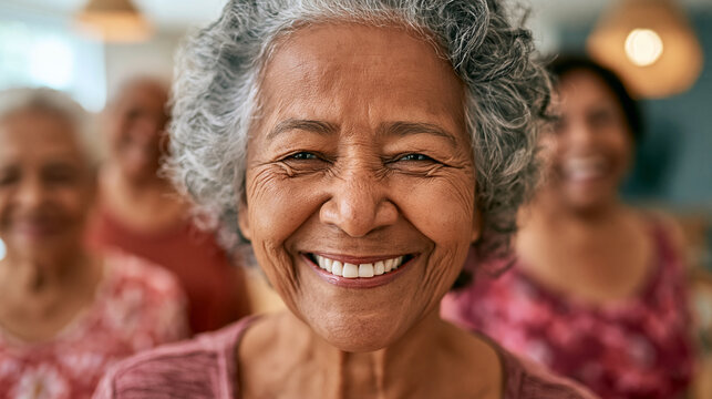  Retrato em close-up de uma mulher idosa brasileira muito feliz sorrindo para a c&acirc;mera. Conceito de casa de repouso, amizade e envelhecimento ativo
