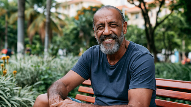 Retrato de um homem idoso brasileiro ativo e sorridente descansando em um banco de parque. Conceito de estilo de vida, envelhecimento saud&aacute;vel e longevidade