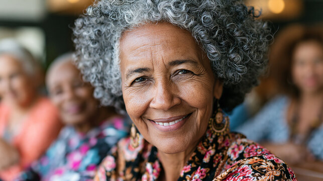 Retrato de uma linda mulher idosa brasileira sorrindo com grupo de amigas ao fundo. Conceito de envelhecimento ativo e conviv&ecirc;ncia em lar de idosos