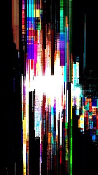 Colorful glitch effect animation in vertical format, dynamic digital distortion video featuring vibrant RGB noise, futuristic technology aesthetics and modern visual effects