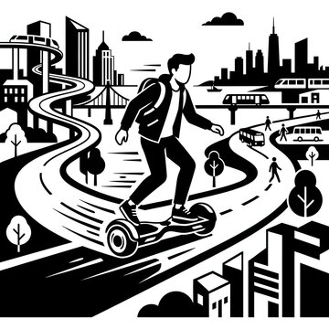 Businessman running on a clock face with city skyline.