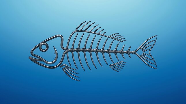 Conceptual vector illustration of a fish skeleton with a fishing hook head, overfishing and ocean pollution concept, marine ecology crisis.