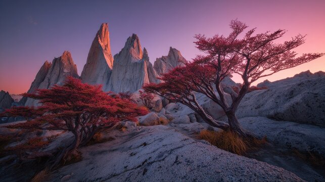 Wind-bent lenga beech trees in foreground of granite towers at sunset