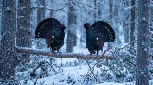 Western capercaillie displaying on a frosted branch