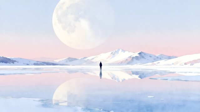 Person standing in snowy landscape with large moon