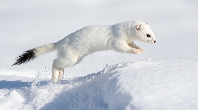Stoat leaping in a snowfield