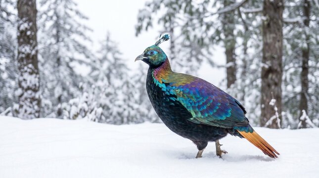 Himalayan monal in snowy mountains