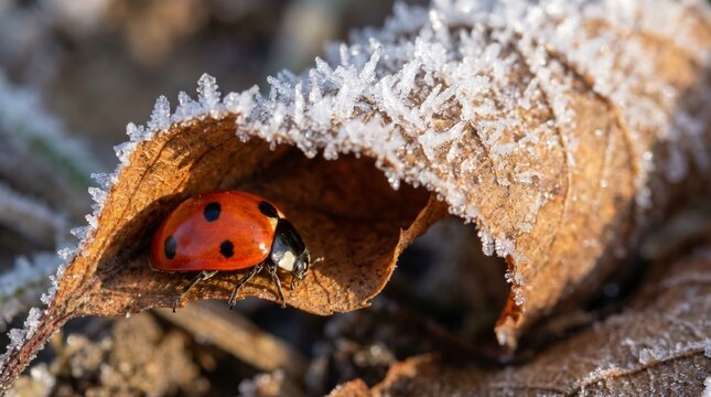 Hibernating ladybug on frosted leaves