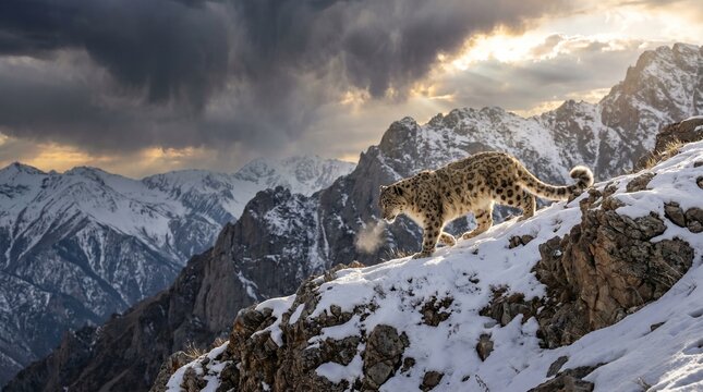 Snow leopard walking on a snowy mountain