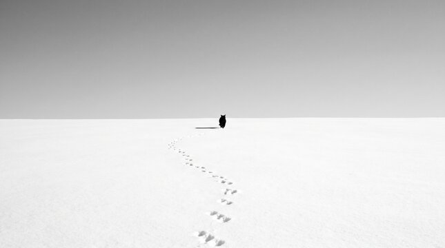 Black cat footprints on a snowfield