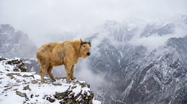 Takin standing on a steep snowy slope