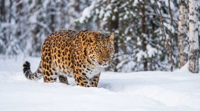 Amur leopard walking on a snowfield