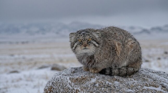 Pallas's cat sitting on a frosted rock