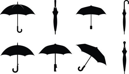 Obraz premium Classic open and closed rain umbrella types black solid silhouette vector icon set isolated on white background