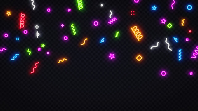 Bright neon confetti pattern with glowing abstract elements and vibrant colors. Trendy festive backdrop for events, music party or nightlife concept.