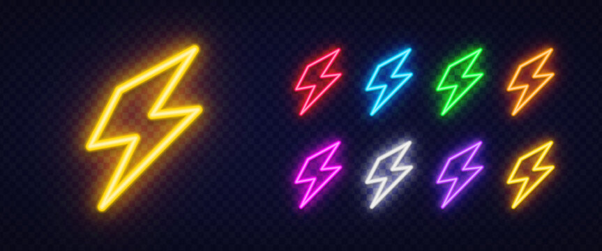 et of 9 neon glowing angular lightning bolt icons in yellow, red, blue, green, orange, pink, purple and white on dark transparent background.