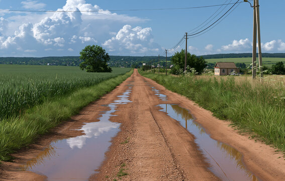 Rural dirt road with puddles and green fields