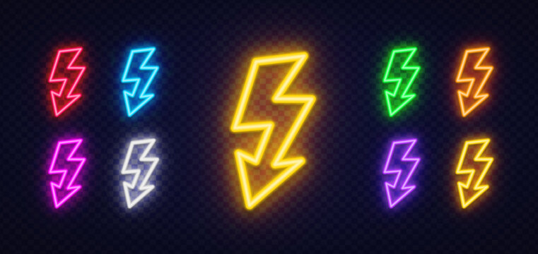 Set of 9 neon lightning bolt icons with downward arrow tip in yellow, red, blue, green, orange, pink and purple on dark transparent background.