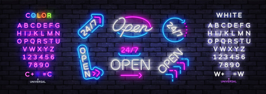 Neon open sign collection with editable alphabet, numbers and glowing retro typography. Bright storefront icon set for cafe, retail, nightlife or advertising design.