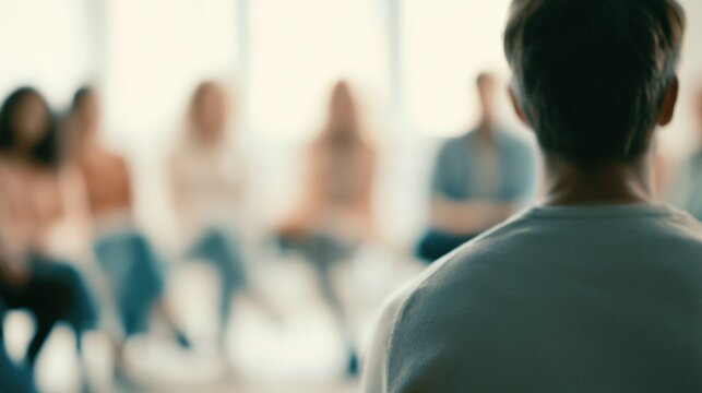 person leading a group therapy session with blurred people sitting in a circle