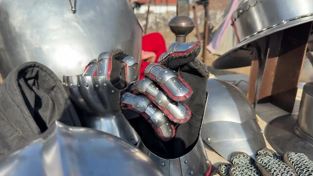 Medieval armor close up at historical reenactment, knight equipment detail