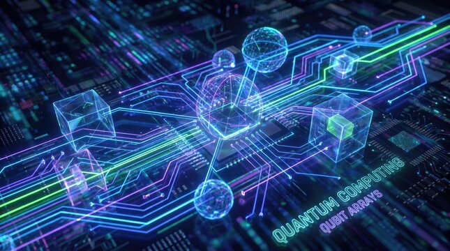 Quantum computing visualization featuring glowing qubit arrays and abstract circuitry patterns for advanced data processing