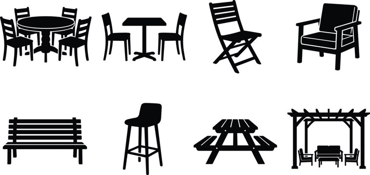 Outdoor patio furniture sets and garden wooden table chairs black solid silhouette vector icon set