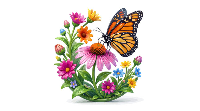 Monarch butterfly on echinacea flower surrounded by colorful wildflowers, illustration