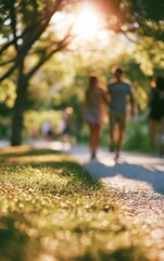 Obraz premium a blurred couple walks hand in hand down a sunny path under green trees