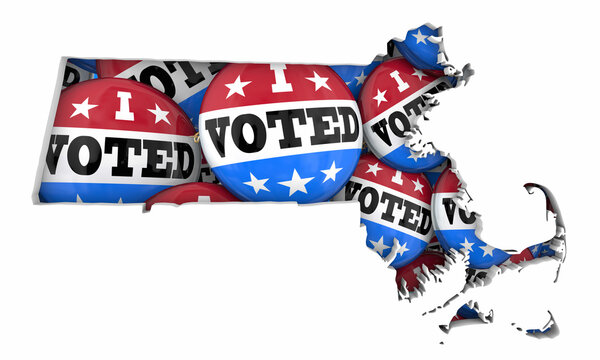 Massachusetts MA State Map I Voted Pins Buttons Election Democracy 3d Illustration